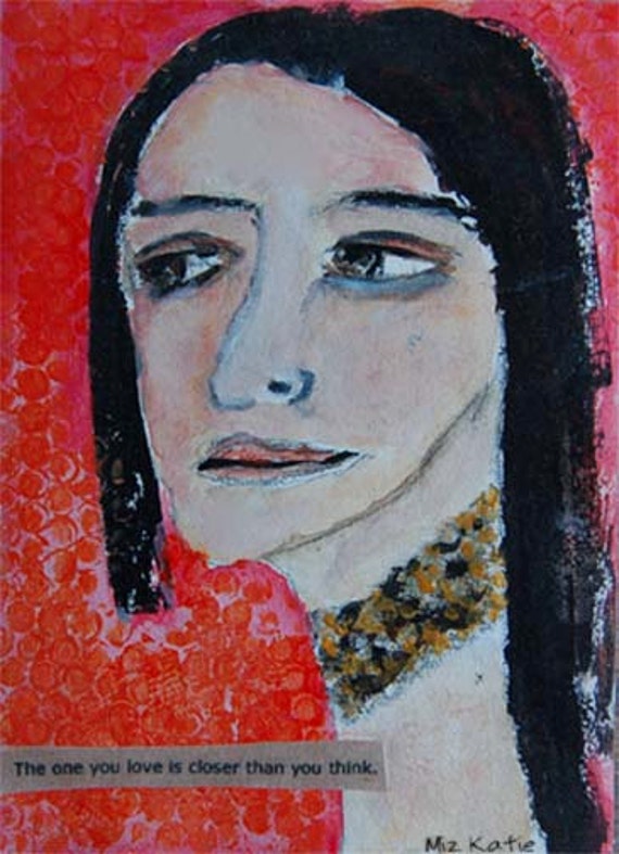 Acrylic portrait painting, 5x7, Girl, Black Hair, Choker Necklace, Orange, Original, Watercolor Paper