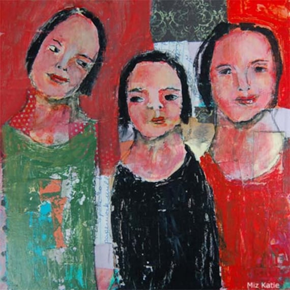Acrylic Collage Portrait Painting, Mixed Media, Palette Knife Painting, Three Women, 12x12 Canvas, C'mon Now Little Sister