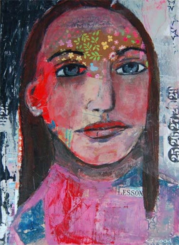 Acrylic Portrait Painting Collage 9x12 Canvas, Original, Colorful, Mixed Media, Lesson, Flowers, Numbers, Girl, Black Hair