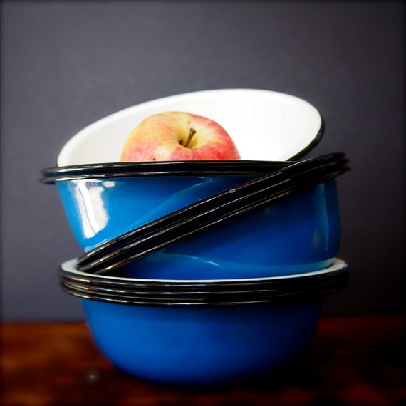 SALESet of 8 Butterfly Brand Blue Enamelware by TheFickleFern