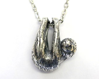 Silver Baby Sloth Necklace in Solid White Bronze with Sterling Overlay Tiny 3D Sloth Pendant 318