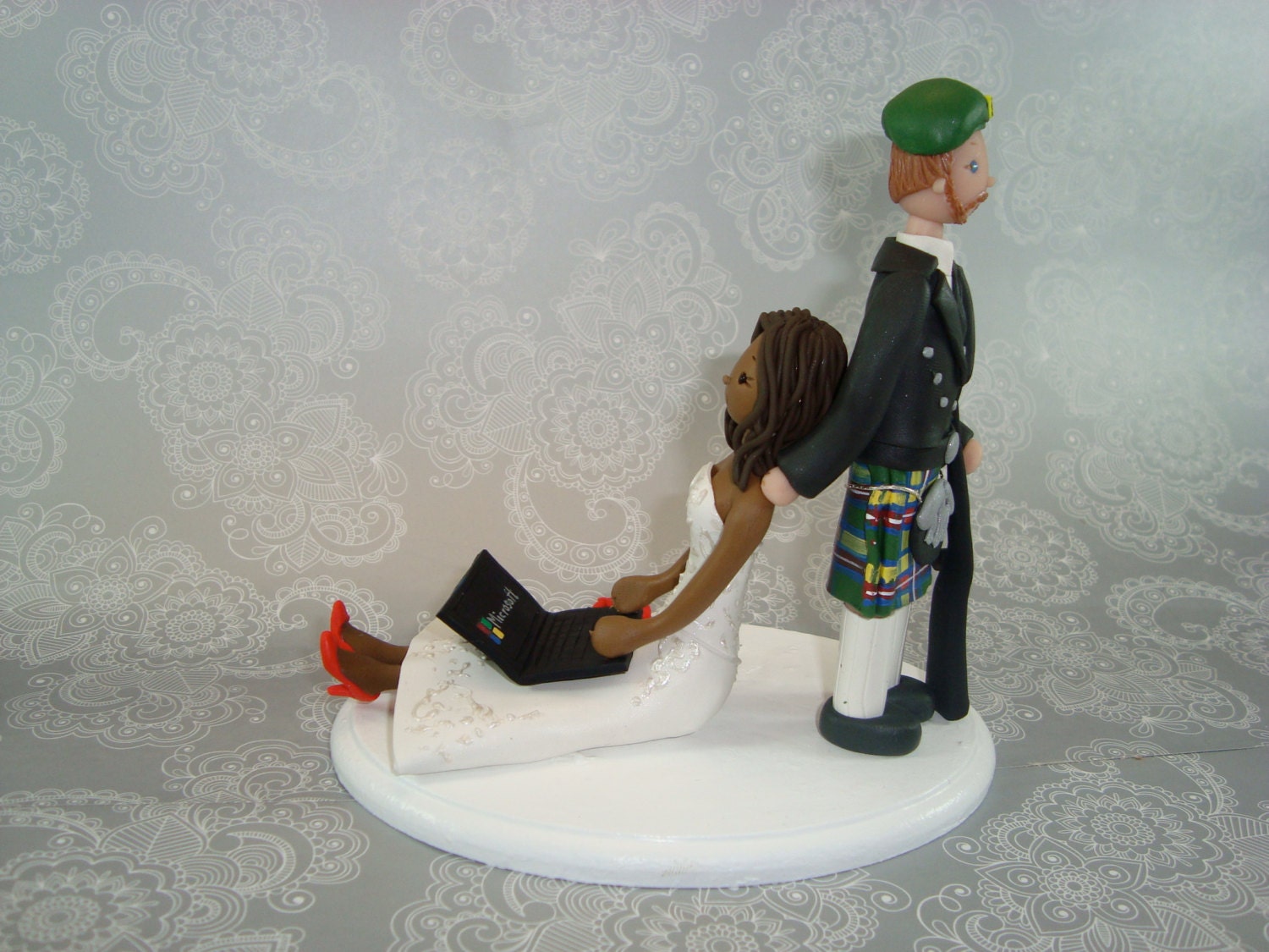 Groom Dragging Bride Custom Scottish Wedding Cake Topper