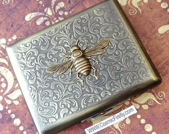Brass Bee Cigarette Case Steampunk Cigarette Case Antiqued Brass Bee Case Vintage Inspired Victorian Smoking Accessories Large Size