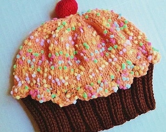 Handmade hand knit Cupcake Hat with Cherry on Top Dark Chocolate Cake with Dreamsicle Orange Frosting with Sprinkles Adult Children Baby