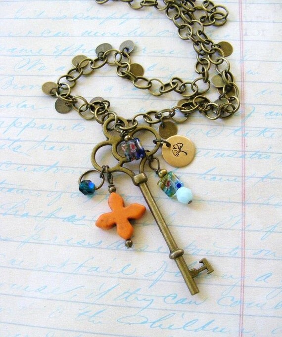 Extra Long Necklace Brass Key Pendant with Beads by meiguidesigns