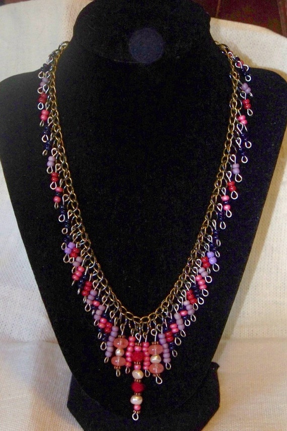 Statement Waterfall Necklace, Beaded Necklace, Red, Pink, Lavender Glass Beads, Chain Necklace