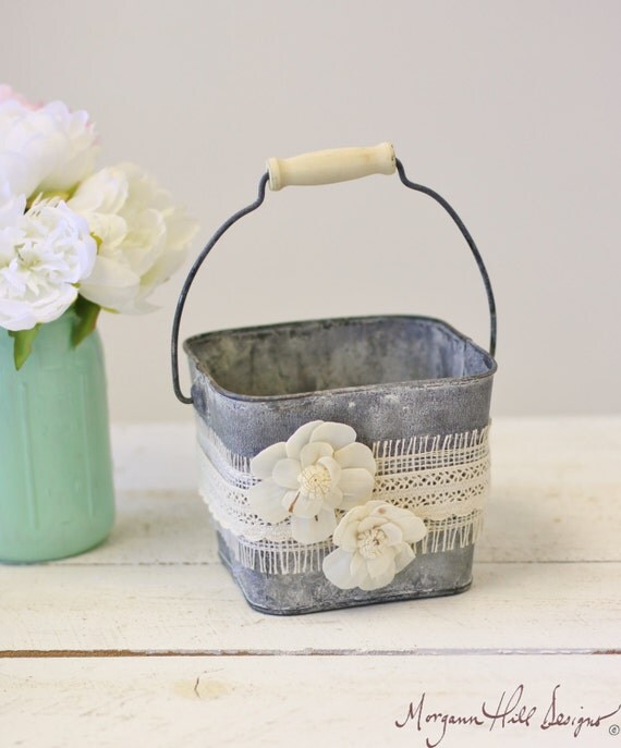 Flower Girl Basket Galvanized Tin Burlap Lace Paper Roses (Item Number MHD100005) by braggingbags