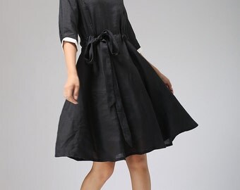 black dress white collar,Black linen dress with collar and elbow length sleeves,black and white dress,Linen clothing,LBD, Custom made (697)