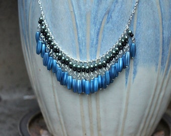 Black and Blue Fringe Necklace, Metallic Blue, Beaded Necklace.