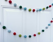 Happy Hearth Garland - felt ball garland in blues, greens, and red - 7 ft  - holiday garland, happy Christmas garland festive