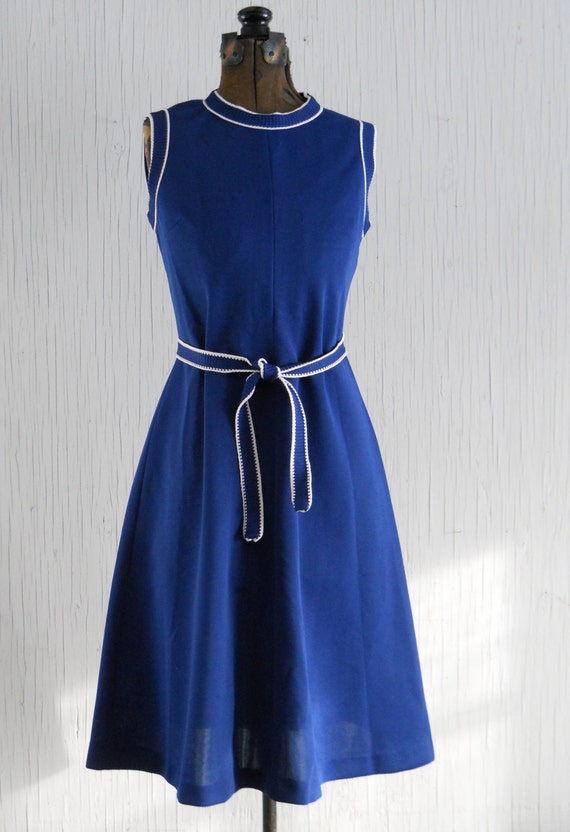 Vintage Sleeveless Polyester Spring Summer Dress Navy Blue Lady Carol of New York