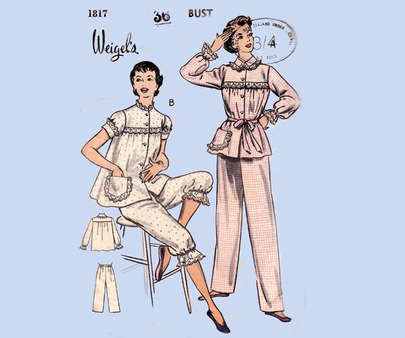 50s Babydoll Pajamas Pattern Weigel's 1817 Lace Trim Lingerie Vintage Sewing Pattern Bust 36 Inches