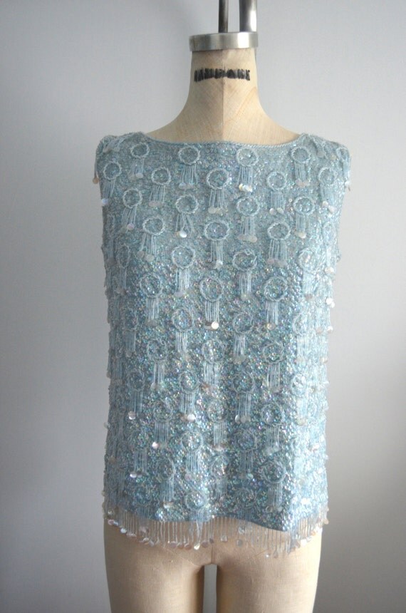 Vintage 60's RECALIA Womens Blue Beaded SEQUINED Sweater
