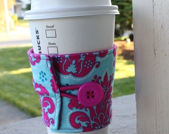 Damask Coffee Cup Sleeve by CK Stitches - Reusable Cup Cozy - Bright Pink and Blue Damask Coffee Wrap - Teacher Gift - Mothers Day