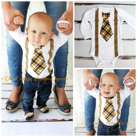 Baby Boy 1st Birthday Outfit Tie Bodysuit and Suspenders. Cake Smash Wedding Ring Bearer Suspender Tan Yellow Fall Plaid, Christmas Holiday by ChicCoutureBoutique