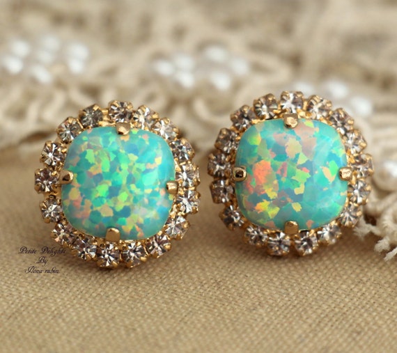 Opal Stud Earrings, Swarovski Mint Opal Earrings,Opal Earrings gift For Her,Swarovski Stud Earrings,Bridesmaids Earrings,Opal Stud Earrings