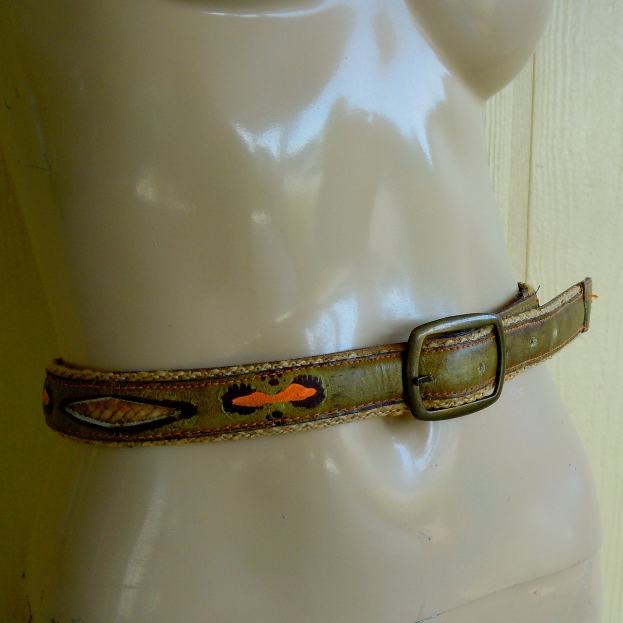 painted leather belt . vintage . olive and orange . 32 36 inch waist