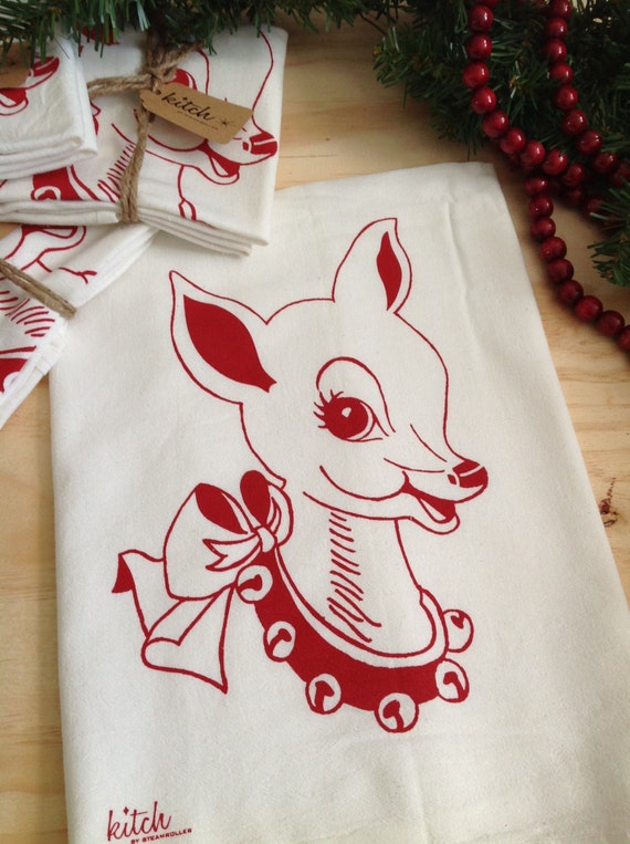Christmas Tea Towel Retro Doe Holiday Deer Flour by KitchStudios