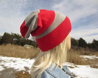 Slouch Tie Back Hat Striped Red Gray Wide Stripe Slouchy Beanie Cotton Knit Hat A1338