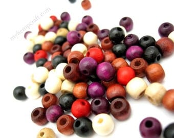 Small Wood Beads, Assorted Color Wooden Beads 5x6mm - 100pc