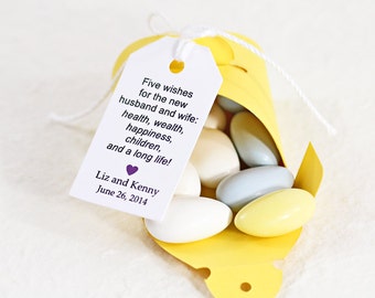 Jordan Almond Favor Tags - Poem, Dragees, Koufeta, Wedding Favors, Sugared Almond Tags, Five Wishes, Bonbonaire - 1.25" x 2.25" Set of 25