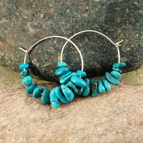 Sterling Silver Hoop Earrings with Turquoise Chip Beads.