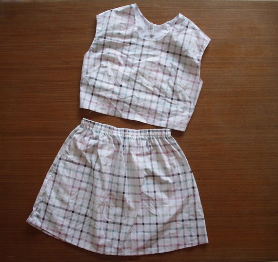 Vintage Fabric Twin Set Mini Skirt and Crop Top Pastel Tartan