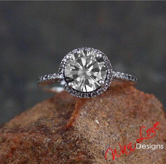 Moissanite & Diamond halo Engagement ring 1.5ct 7mm 14k 18k White ...