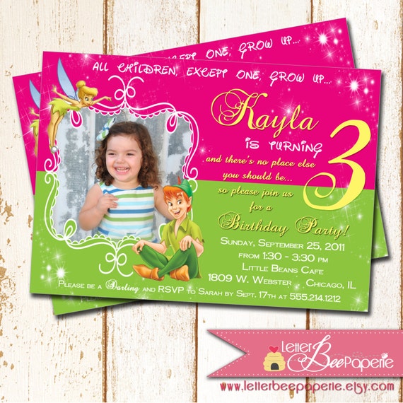 Tinkerbell / Peter Pan-Inspired Birthday Party Photo Invitation - DIY Printable File - Pink and Green - Fairy / Fairies - Disney, Neverland Il_570xn