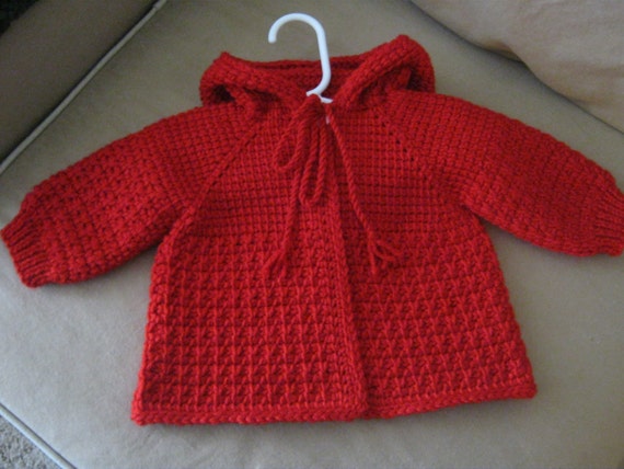Red Crochet Baby Sweater with Hood for Boy or Girl -  0-6 Months in Tunisian Crochet - MADE TO ORDER - Handmade - Valentines Day - Christmas