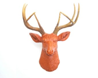 Burnt Orange Deer Head Wall Mount - Deer Head Antlers Faux Taxidermy D2000