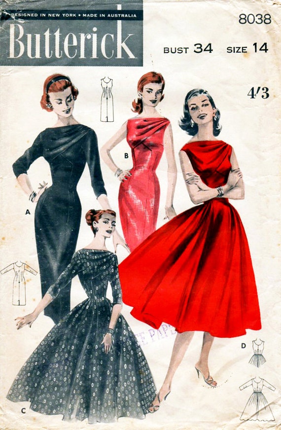 1950s Evening  Dress  with Draped Neckline Vintage Sewing