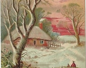 Winter Sunset Cabin People Walking on Bridge Beautiful Country Scene "Hearty Congratulations" Antique Postcard from 1909