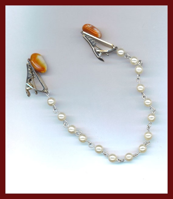 Cardigan Sweater Jacket CLASP CLIP Guard Pearls Polished Amber