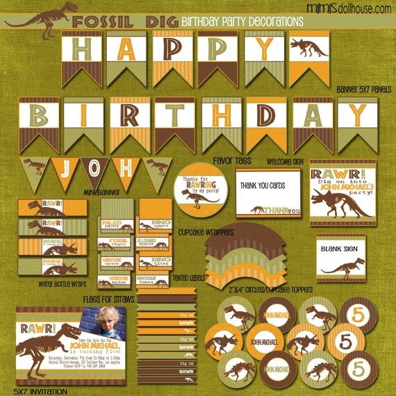 Dinosaur Dig Party Decorations- Printable Fossil Birthday Party Decorations- Dino Dig Birthday Party PDF/JPEG Il_570xn