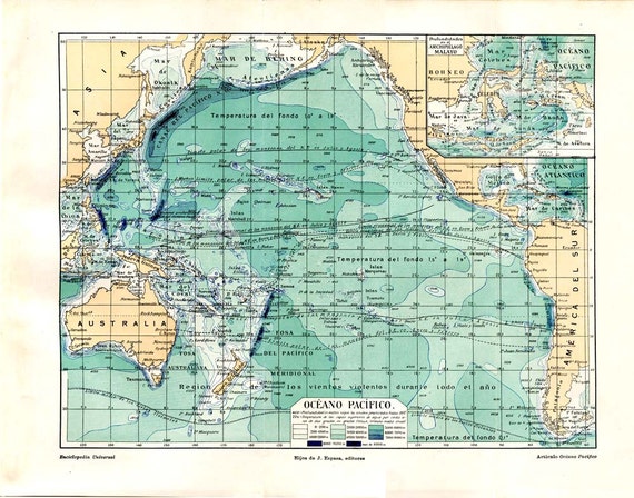 Pacific Ocean Vintage Map Sea Depths 1920s Pacific Basin