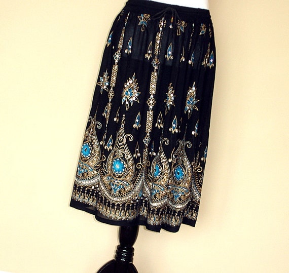 Gypsy Skirt: Black Bollywood Skirt Boho Knee Length Indian