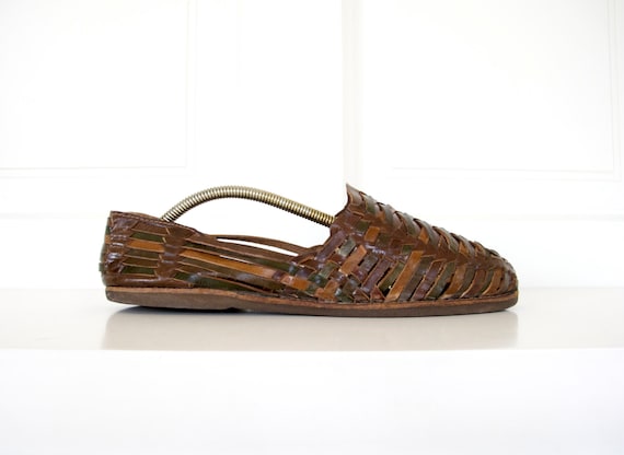 Men's Vintage Leather Huaraches Sandals / Brown Woven Leather Shoes ...