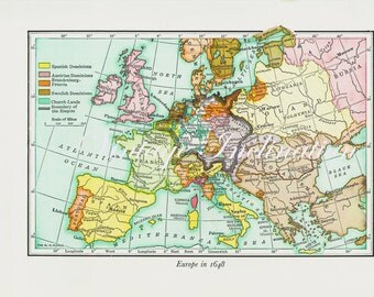 Map Uk France Spain 1912 Vintage Antique EUROPE In 1648 Map, original UK Italy France Spain Austria Germany