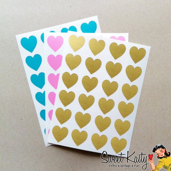 72 Heart Stickers - Small Vinyl Envelope Seals - Heart Stickers, Wedding Favors, Gift Wrap - 3/4 inch Hearts - Gold Pink Turquoise Il_570xn