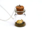 Leopard Jar Necklace Black Friday Miniature Wild Animal - miniature leopard in a 3cm glass jar on a 16 inch silver plated chain