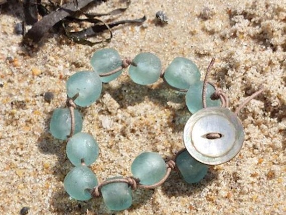 Aqua Blue Sea Glass Beaded Bracelet with a Mother of by TheDepths