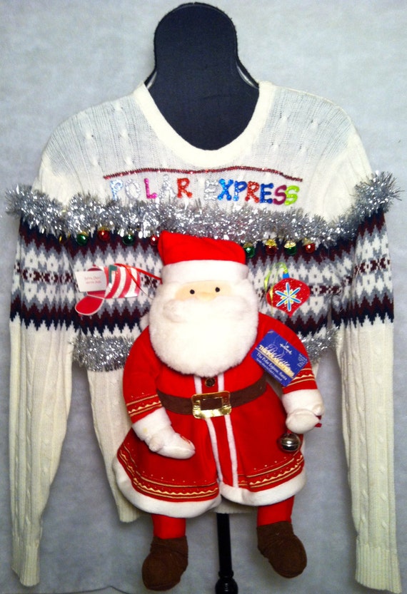 Ugly Christmas Sweater Polar Express Talking Santa Large