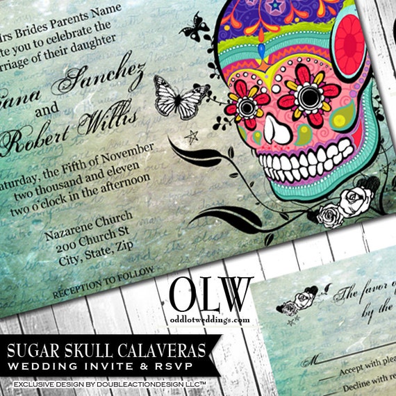 Sugar Skull Day Of The Dead Dia De Los Muertos Digital Printable Wedding Invitation Rsvp Diy Skull Invitation Templates