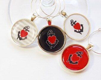 Sailing Wine Charms, Nautical, Wine Glass Charms, Wine Charms, barware, Nautical Housewares, table setting, anchor, Red, Navy, White (3036)