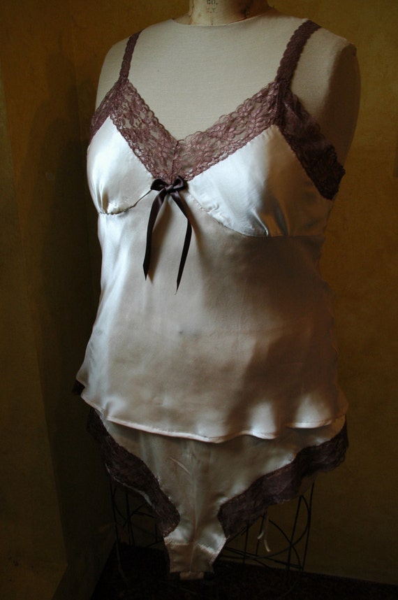 Hot Chocolate and Coffee Set  - Bias cut pure silk satin camisole and French dance pant set - plus size lg to 4XL