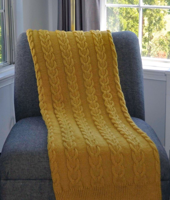 Mustard Yellow Blanket Chunky Blanket with Cable by YearnForYarn