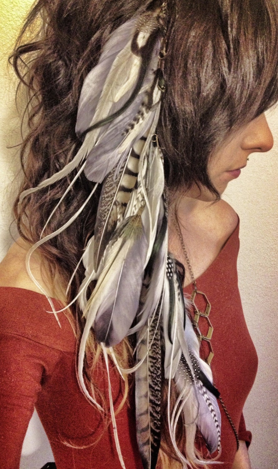 Hair Feathers / Long Feather Hair Clip / Clip In by Chrysalism