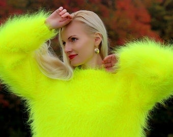 Made to order hand knitted mohair sweater in neon yellow by SuperTanya