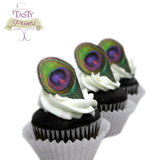 12 EDIBLE Peacock Feathers - Purple Fuchsia - Cupcake topper - cake decoration Il_570xn